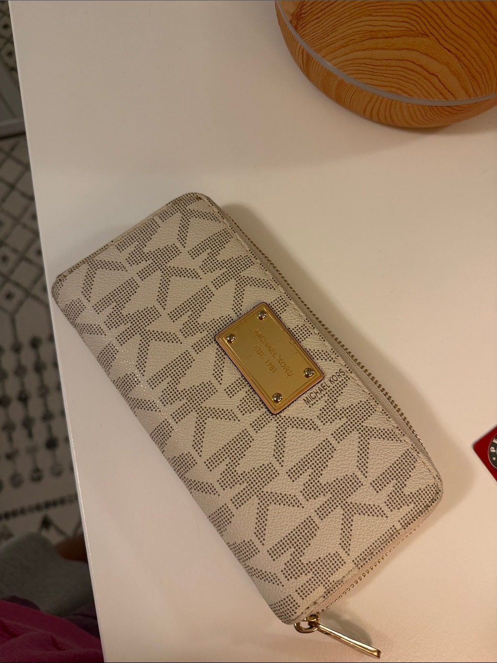 Michael Kors Cream Logo Zip-Around Wallet with Gold Plate